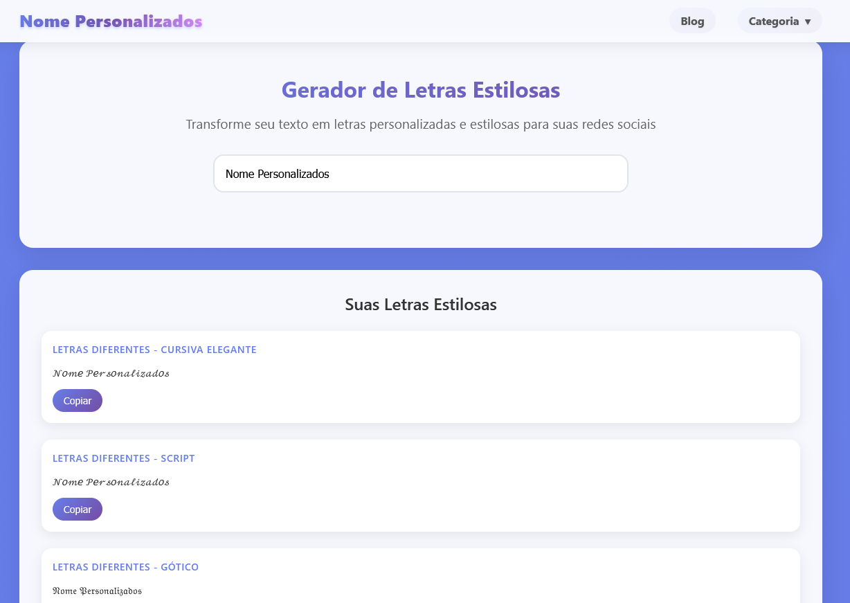 Tela mostrando o campo de digitação e lista de fontes geradas